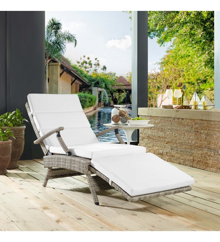 Envisage Chaise Outdoor Patio Wicker Rattan Lounge Chair in Light Gray White - Lexmod