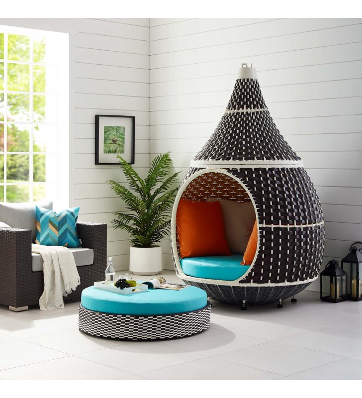 Palace Outdoor Patio Wicker Rattan Hanging Pod in Brown Turquoise - Lexmod