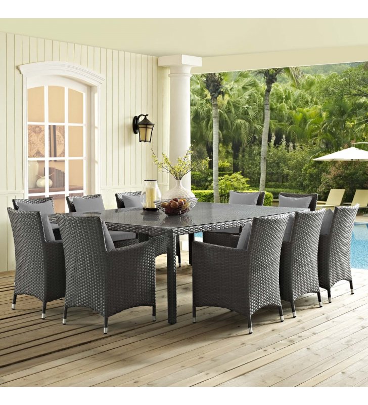 Sojourn 11 Piece Outdoor Patio Sunbrella Dining Set in Canvas Gray - Lexmod