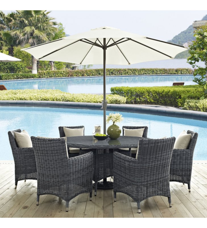 Summon 8 Piece Outdoor Patio Sunbrella¬Æ Dining Set in Antique Canvas Beige - Lexmod
