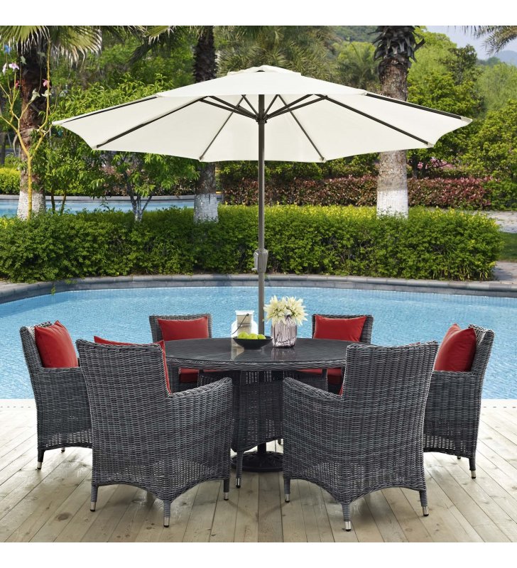 Summon 8 Piece Outdoor Patio Sunbrella Dining Set in Canvas Red - Lexmod