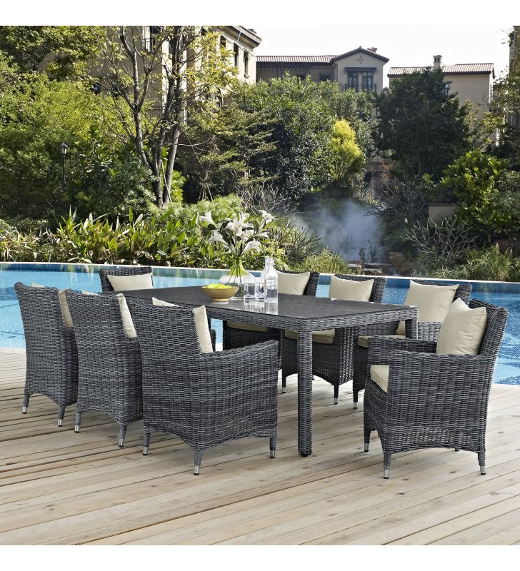 Summon 9 Piece Outdoor Patio Sunbrella Dining Set in Antique Canvas Beige - Lexmod