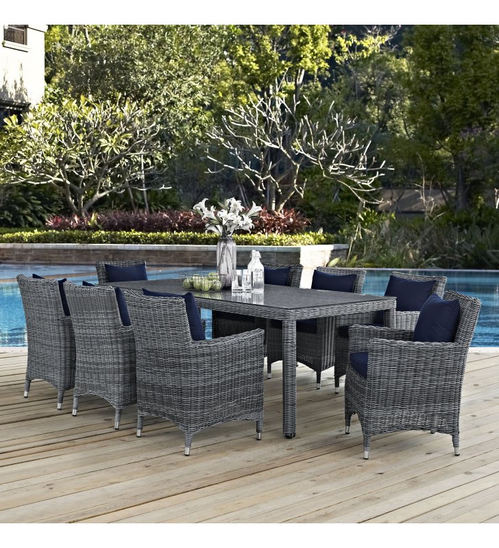 Summon 9 Piece Outdoor Patio Sunbrella Dining Set in Canvas Navy - Lexmod