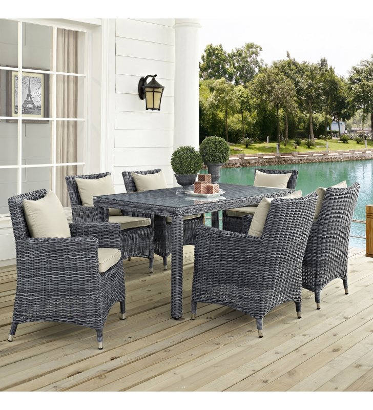 Summon 7 Piece Outdoor Patio Sunbrella¬Æ Dining Set in Antique Canvas Beige - Lexmod