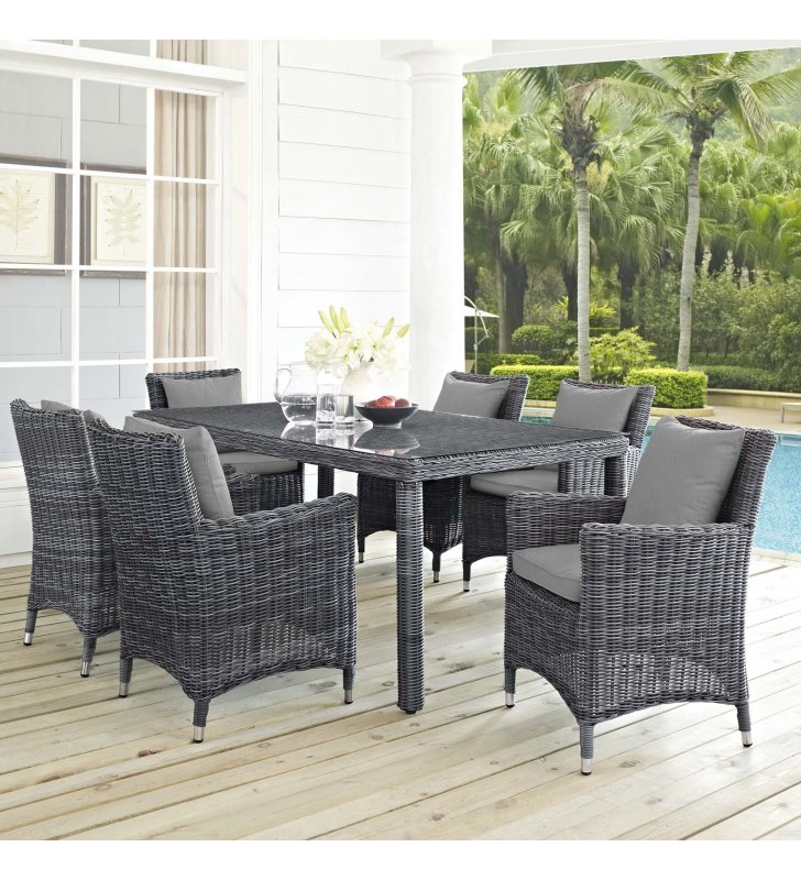Summon 7 Piece Outdoor Patio Sunbrella Dining Set in Canvas Gray - Lexmod