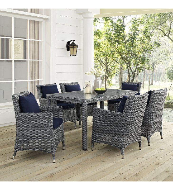 Summon 7 Piece Outdoor Patio Sunbrella¬Æ Dining Set in Canvas Navy - Lexmod