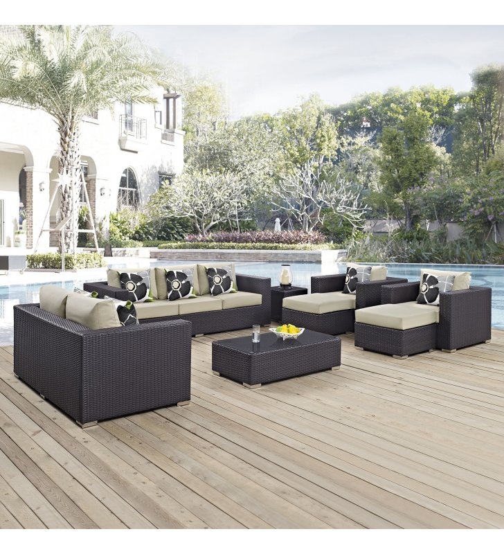 Convene 9 Piece Outdoor Patio Sofa Set in Espresso Beige - Lexmod