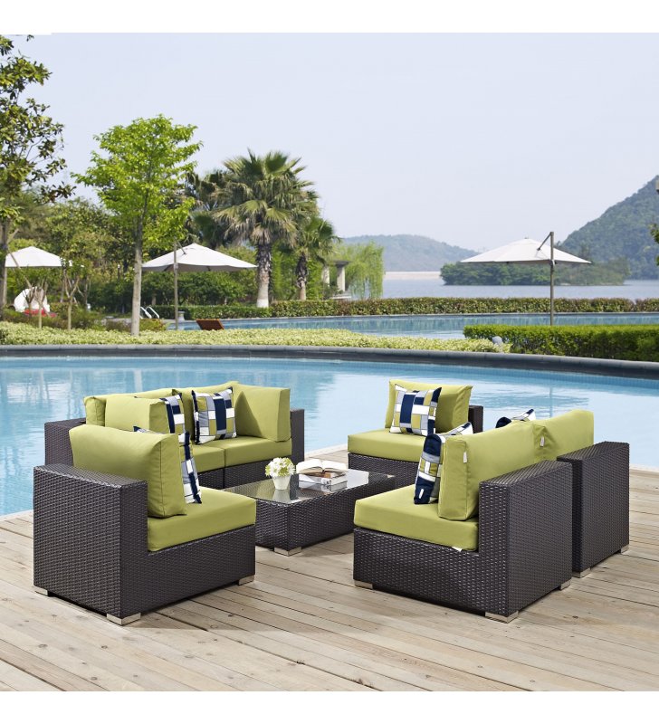 Convene 7 Piece Outdoor Patio Sectional Set in Espresso Peridot - Lexmod