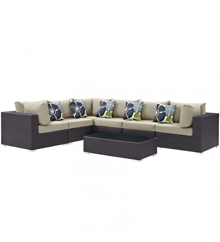 Convene 7 Piece Outdoor Patio Sectional Set in Espresso Beige - Lexmod