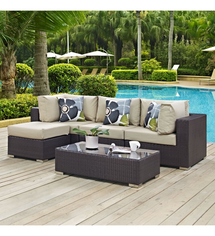 Convene 5 Piece Outdoor Patio Sectional Set in Espresso Beige - Lexmod