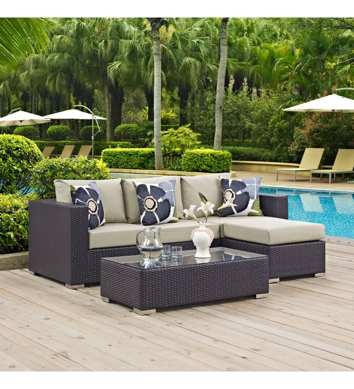 Convene 3 Piece Outdoor Patio Sofa Set in Espresso Beige - Lexmod