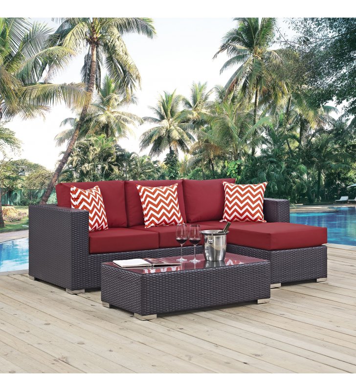 Convene 3 Piece Outdoor Patio Sofa Set in Espresso Red - Lexmod