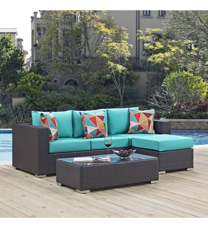 Convene 3 Piece Outdoor Patio Sofa Set in Espresso Turquoise - Lexmod