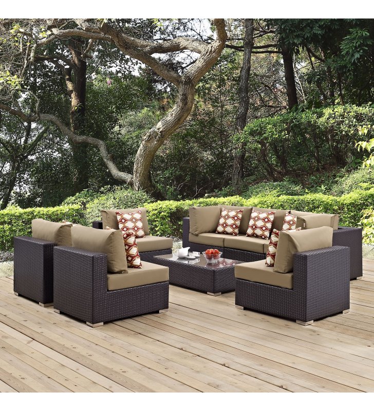 Convene 8 Piece Outdoor Patio Sectional Set in Espresso Mocha - Lexmod
