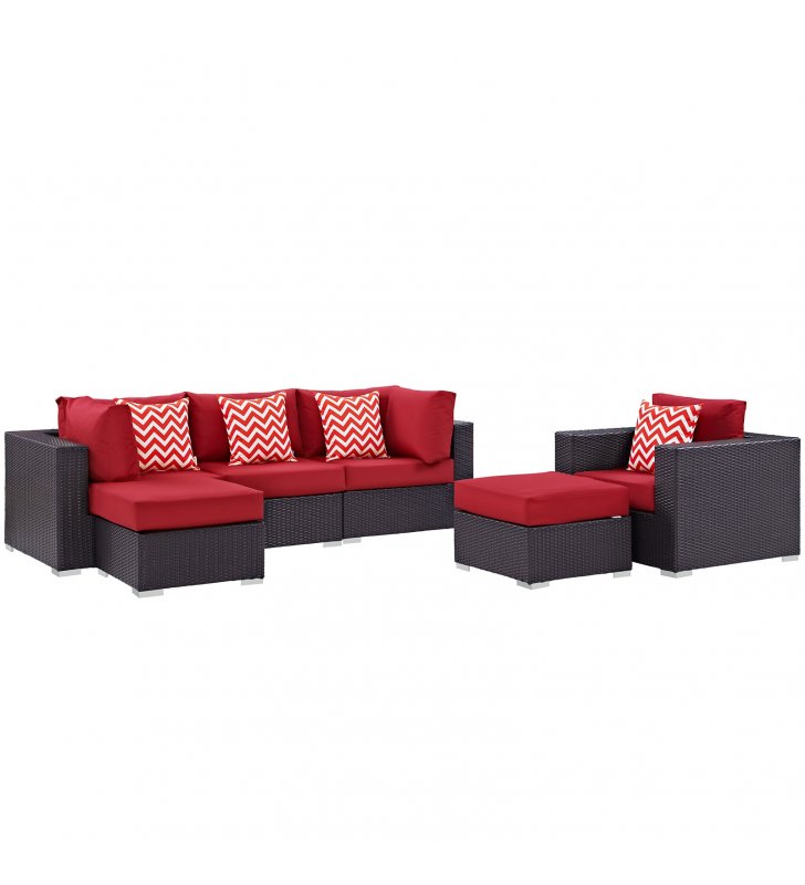 Convene 6 Piece Outdoor Patio Sectional Set in Espresso Red - Lexmod
