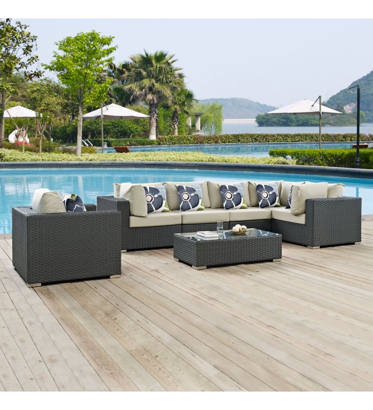 Sojourn 7 Piece Outdoor Patio Sunbrella¬Æ Sectional Set in Canvas Antique Beige - Lexmod