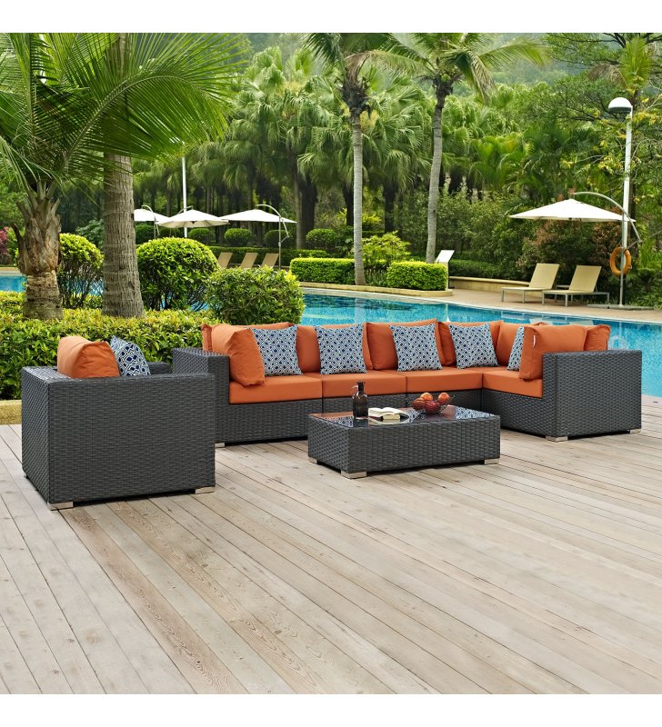 Sojourn 7 Piece Outdoor Patio Sunbrella¬Æ Sectional Set in Canvas Tuscan - Lexmod