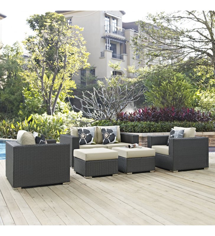 Sojourn 5 Piece Outdoor Patio Sunbrella¬Æ Sectional Set in Canvas Antique Beige - Lexmod