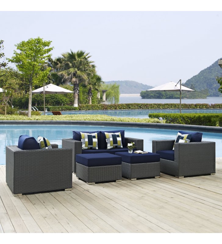 Sojourn 5 Piece Outdoor Patio Sunbrella¬Æ Sectional Set in Canvas Navy - Lexmod