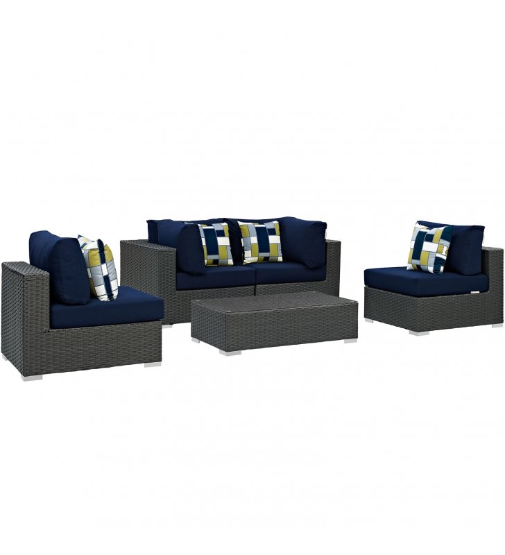 Sojourn 5 Piece Outdoor Patio Sunbrella¬Æ Sectional Set in Canvas Navy - Lexmod