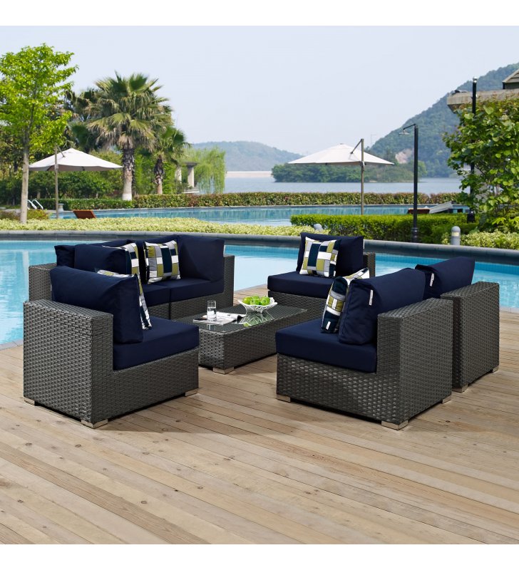 Sojourn 7 Piece Outdoor Patio Sunbrella¬Æ Sectional Set in Canvas Navy - Lexmod