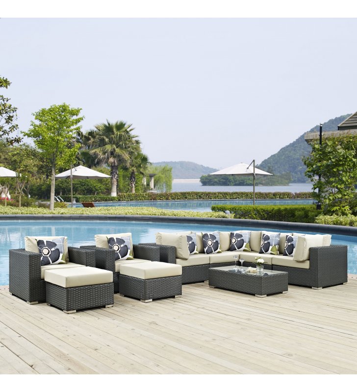 Sojourn 10 Piece Outdoor Patio Sunbrella¬Æ Sectional Set in Canvas Antique Beige - Lexmod