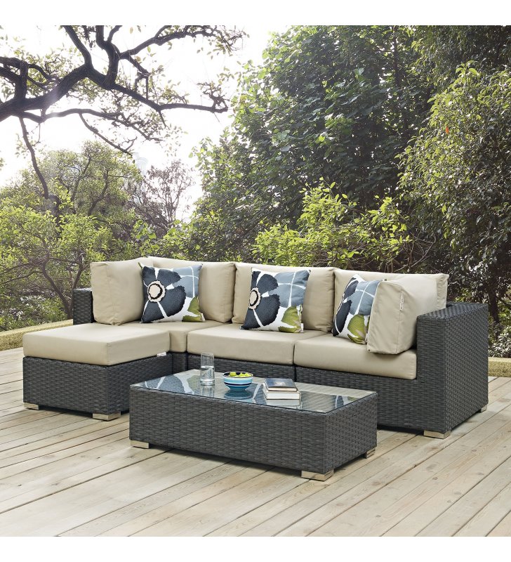 Sojourn 5 Piece Outdoor Patio Sunbrella¬Æ Sectional Set in Canvas Antique Beige - Lexmod