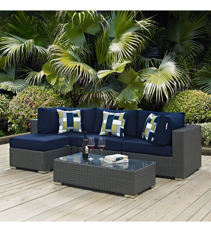Sojourn 5 Piece Outdoor Patio Sunbrella¬Æ Sectional Set in Canvas Navy - Lexmod