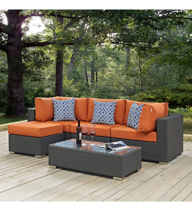 Sojourn 5 Piece Outdoor Patio Sunbrella¬Æ Sectional Set in Canvas Tuscan - Lexmod