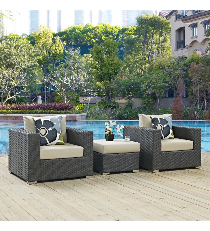 Sojourn 3 Piece Outdoor Patio Sunbrella¬Æ Sectional Set in Canvas Antique Beige - Lexmod