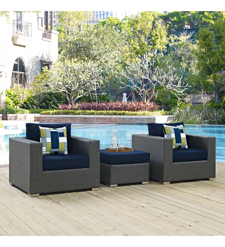 Sojourn 3 Piece Outdoor Patio Sunbrella¬Æ Sectional Set in Canvas Navy - Lexmod