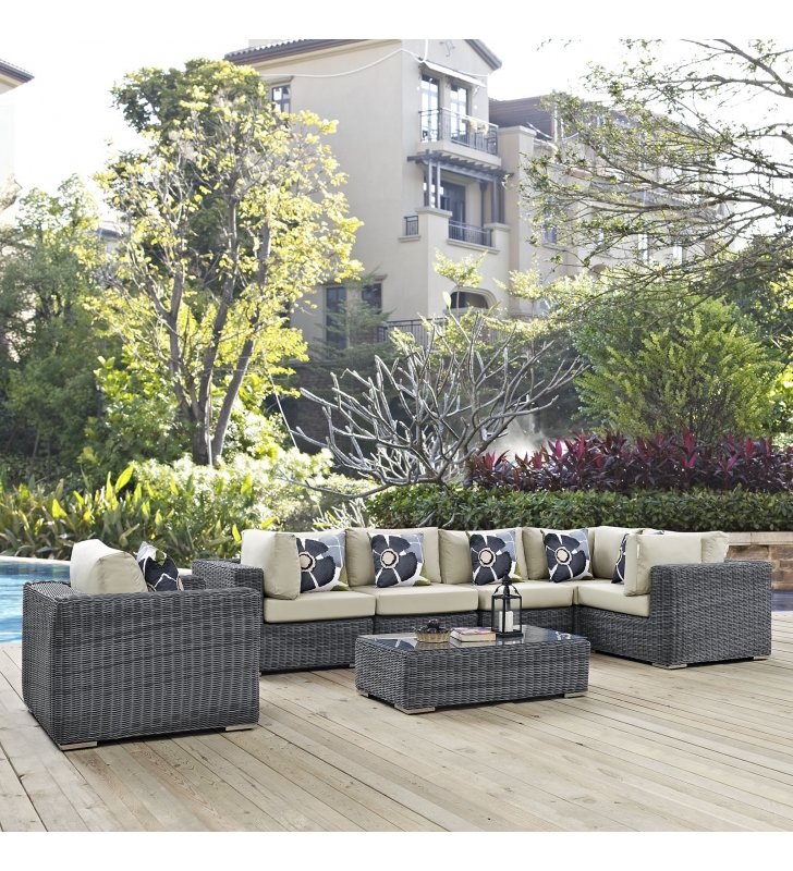 Summon 7 Piece Outdoor Patio Sunbrella¬Æ Sectional Set in Canvas Antique Beige - Lexmod