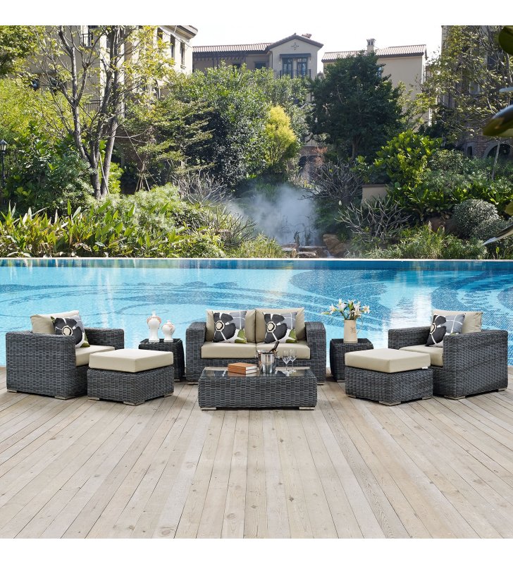 Summon 8 Piece Outdoor Patio Sunbrella¬Æ Sectional Set in Canvas Antique Beige - Lexmod