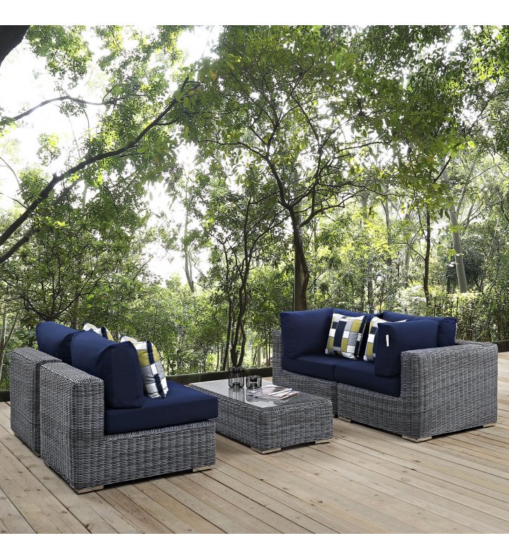 Summon 5 Piece Outdoor Patio Sunbrella¬Æ Sectional Set in Canvas Navy - Lexmod