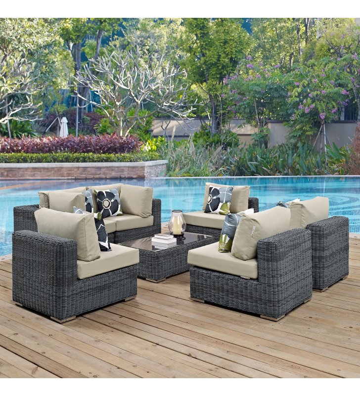 Summon 7 Piece Outdoor Patio Sunbrella¬Æ Sectional Set in Canvas Antique Beige - Lexmod