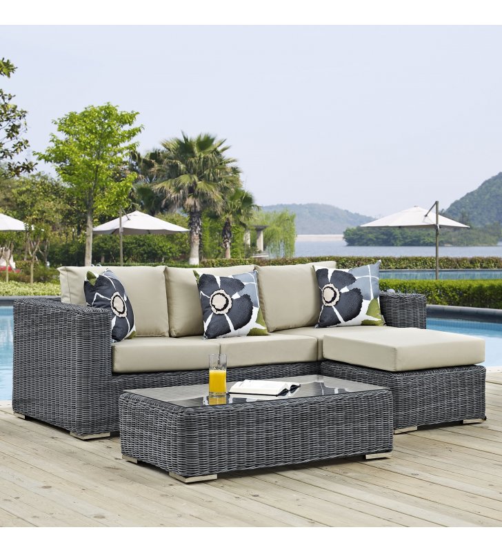 Summon 3 Piece Outdoor Patio Sunbrella¬Æ Sectional Set in Canvas Antique Beige - Lexmod