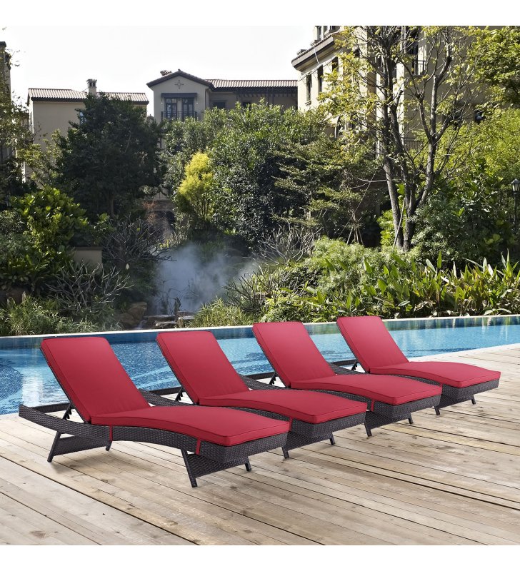 Convene Chaise Outdoor Patio Set of 4 in Espresso Red - Lexmod