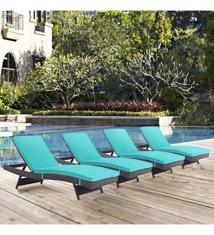 Convene Chaise Outdoor Patio Set of 4 in Espresso Turquoise - Lexmod