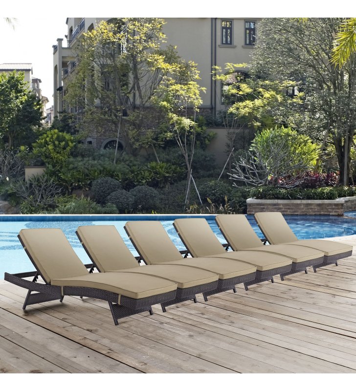 Convene Chaise Outdoor Patio Set of 6 in Espresso Mocha - Lexmod
