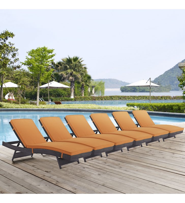 Convene Chaise Outdoor Patio Set of 6 in Espresso Orange - Lexmod