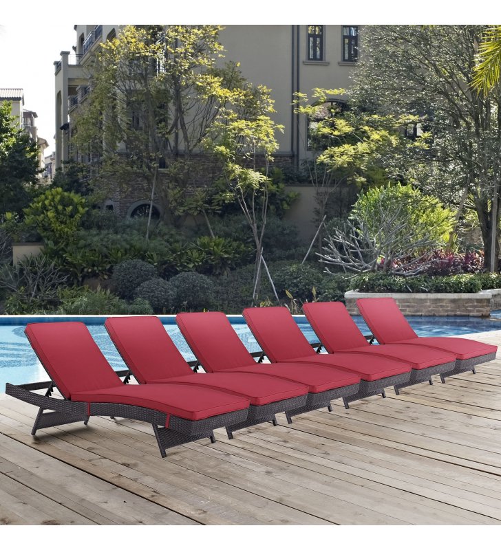 Convene Chaise Outdoor Patio Set of 6 in Espresso Red - Lexmod
