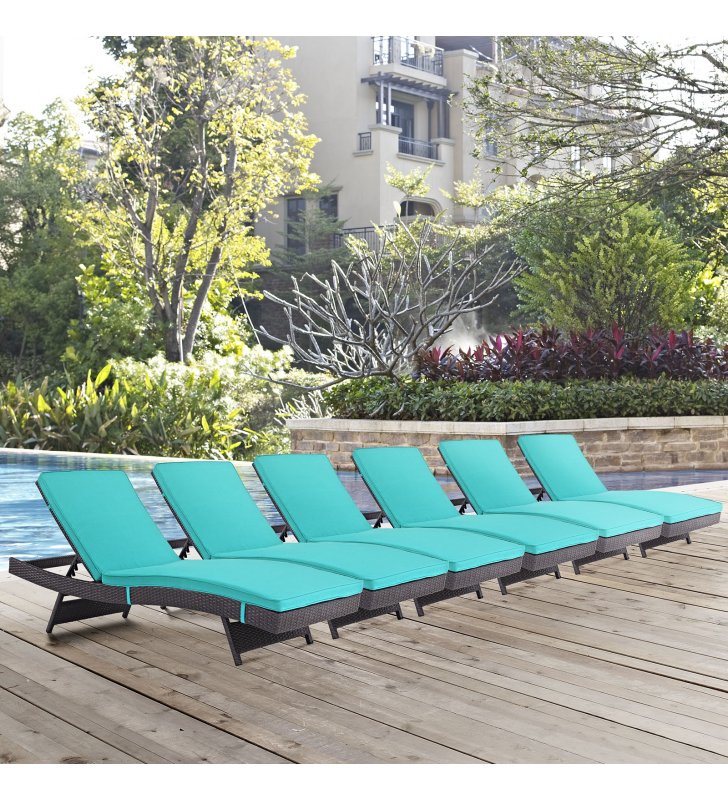 Convene Chaise Outdoor Patio Set of 6 in Espresso Turquoise - Lexmod