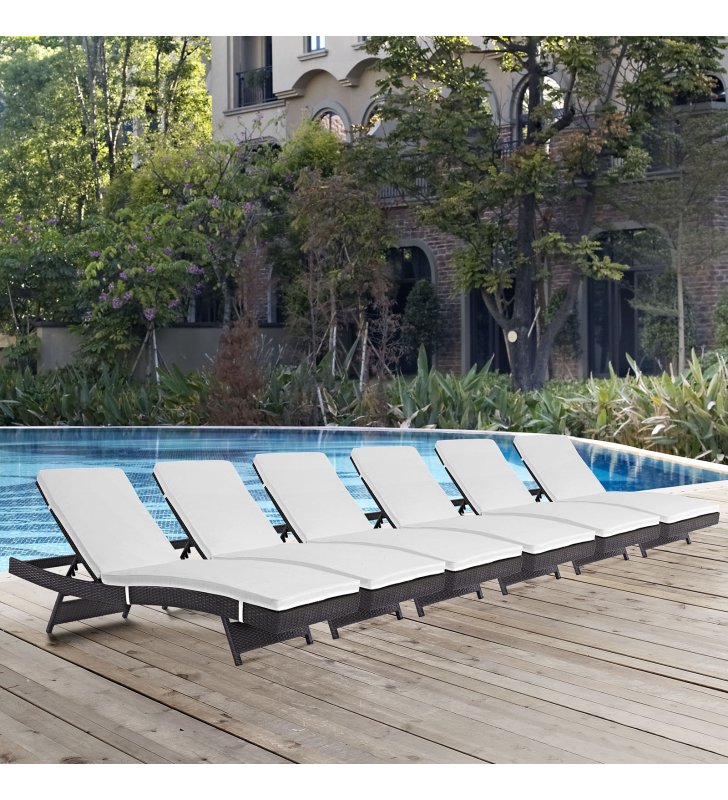 Convene Chaise Outdoor Patio Set of 6 in Espresso White - Lexmod