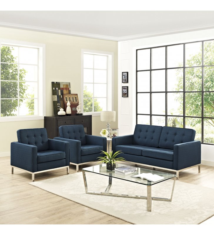 Loft Living Room Set Upholstered Fabric Set of 3 in Azure - Lexmod