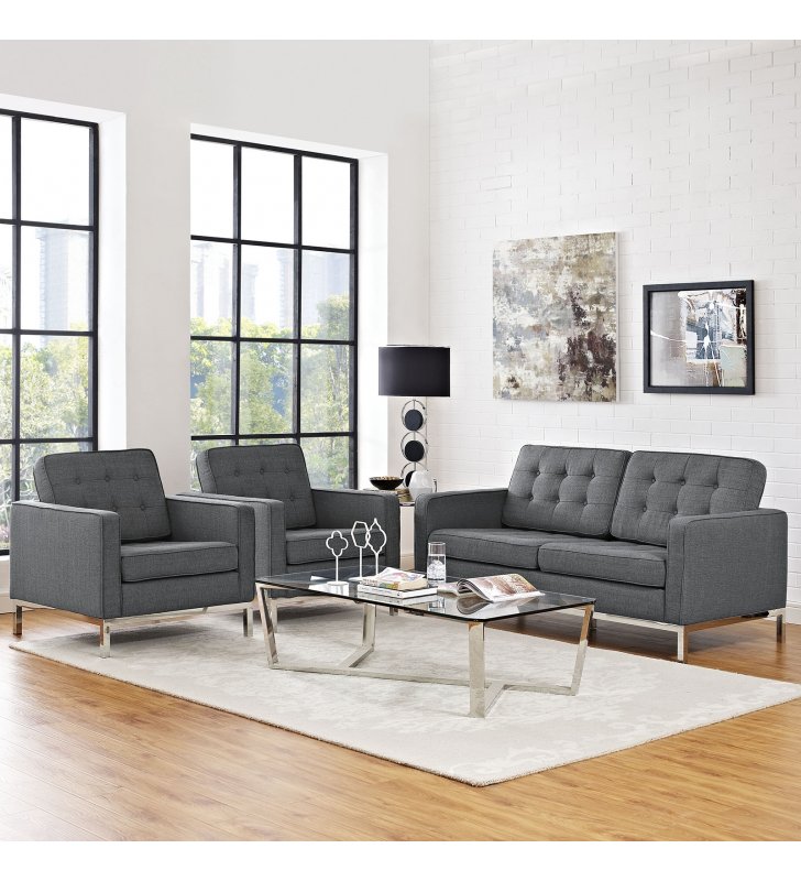 Loft Living Room Set Upholstered Fabric Set of 3 in Gray - Lexmod