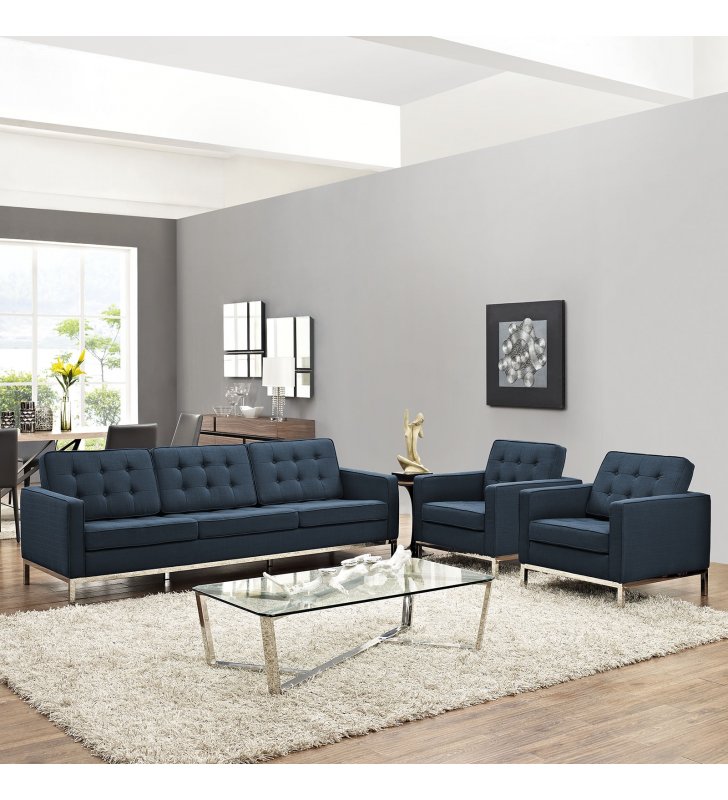 Loft 3 Piece Upholstered Fabric Sofa and Armchair Set in Azure - Lexmod