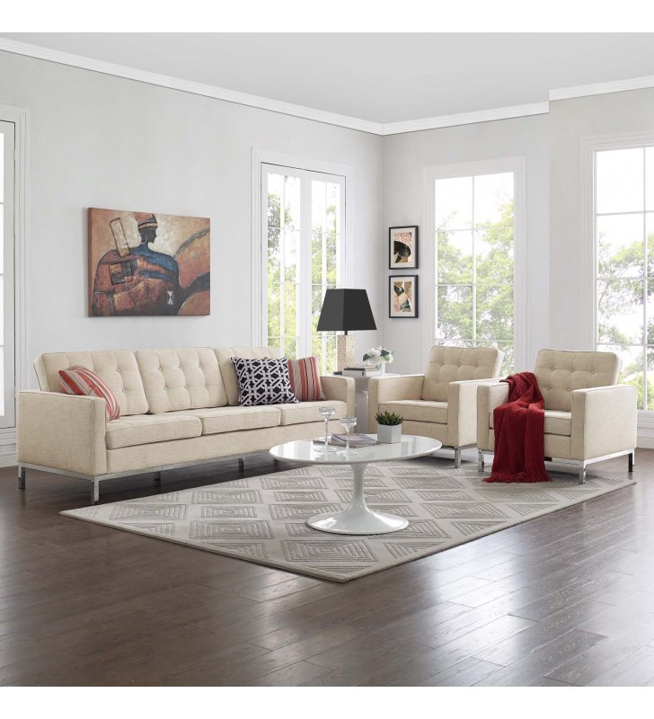 Loft 3 Piece Upholstered Fabric Sofa and Armchair Set in Beige - Lexmod