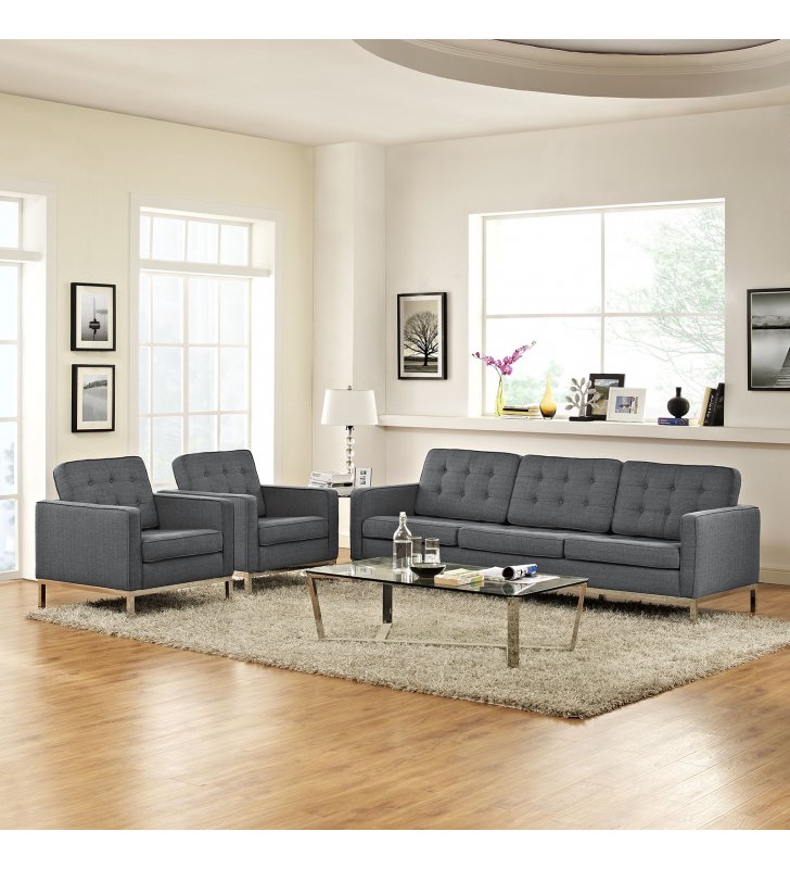 Loft 3 Piece Upholstered Fabric Sofa and Armchair Set in Gray - Lexmod