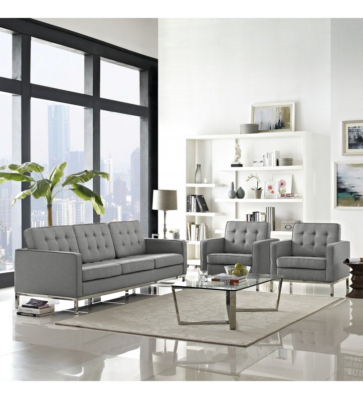 Loft 3 Piece Upholstered Fabric Sofa and Armchair Set in Light Gray - Lexmod