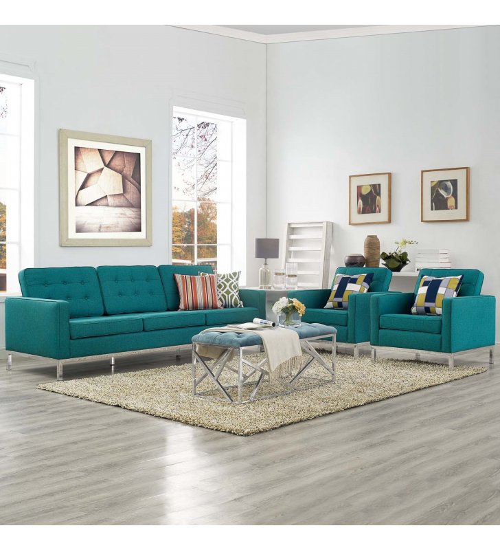 Loft 3 Piece Upholstered Fabric Sofa and Armchair Set in Teal - Lexmod